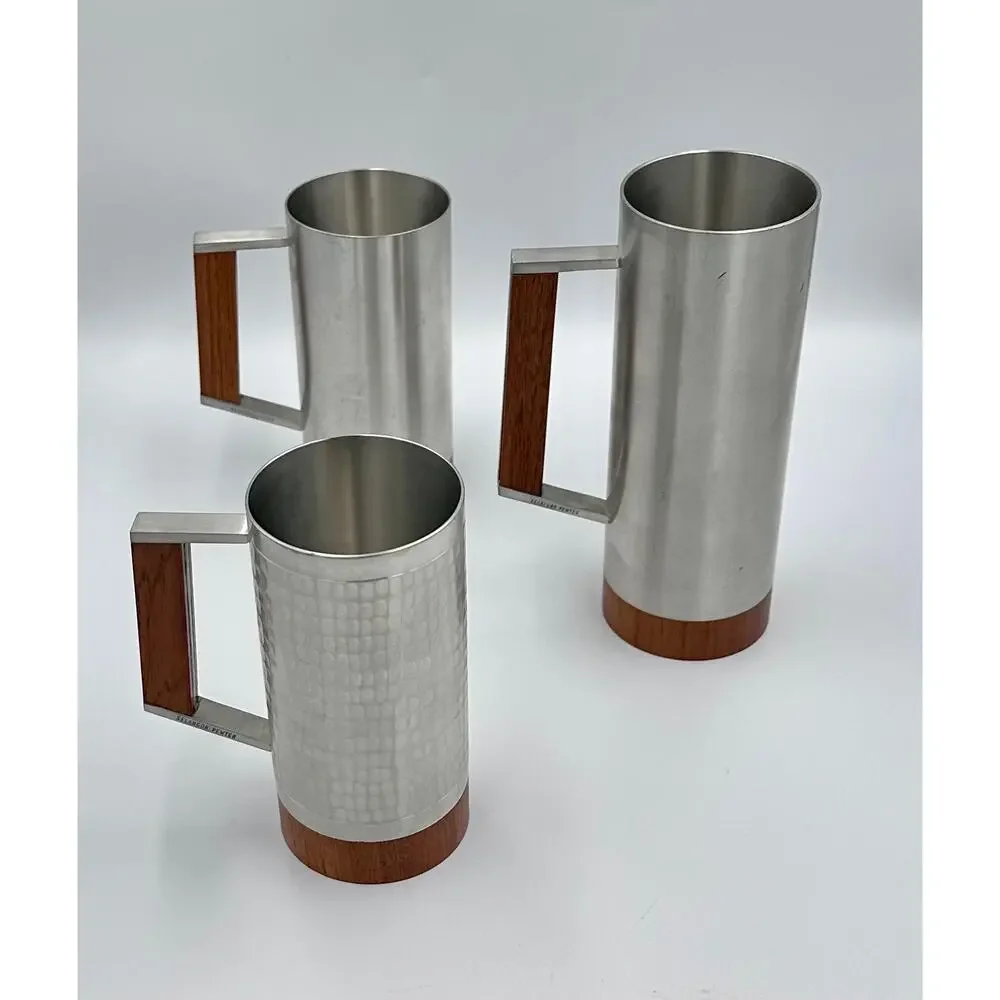 Danish Modern tiki Era Royal Selangor Pewter & Teak Mug Tankard Steins Set